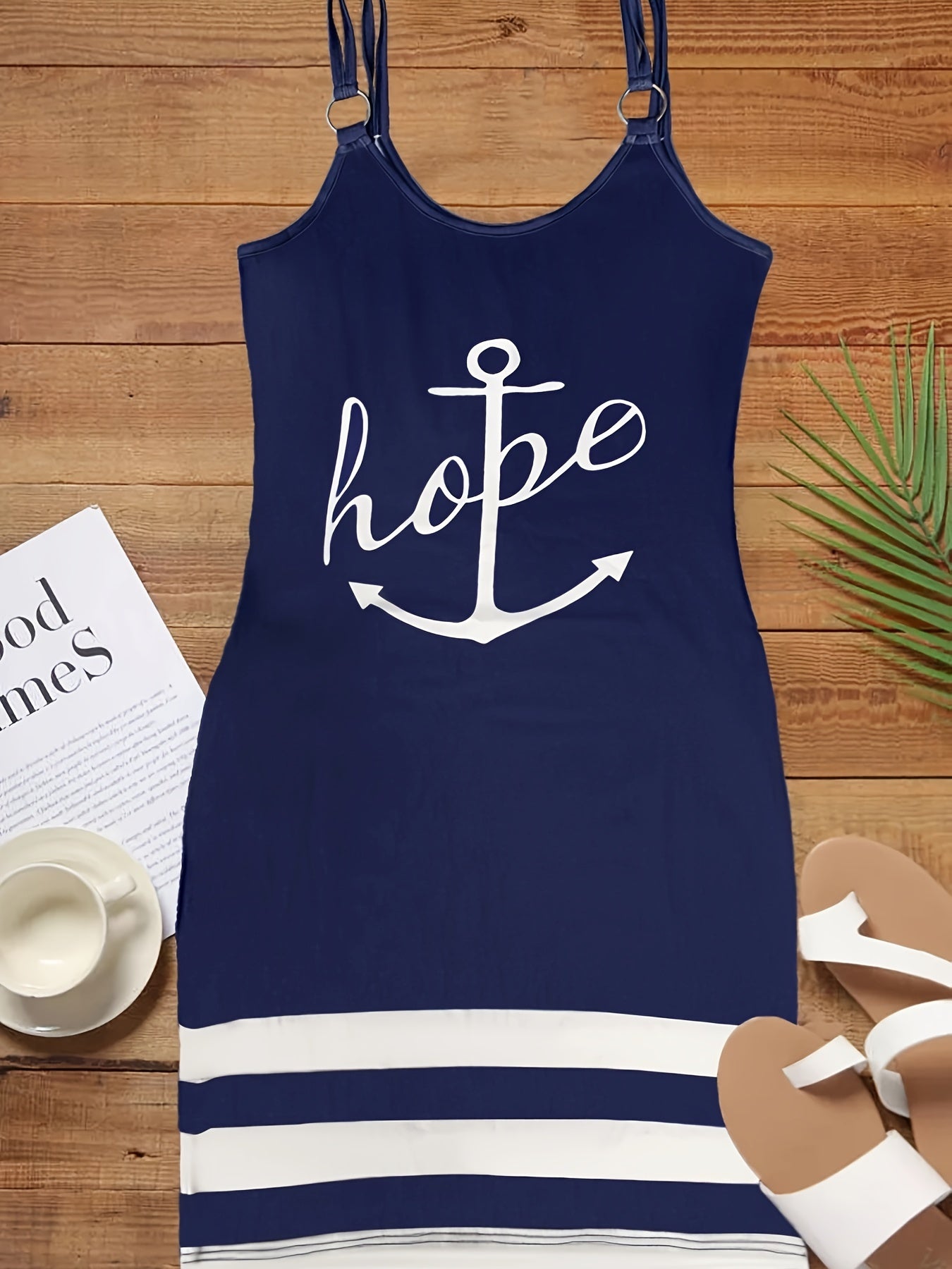 Chic European & American Style Women's Sleeveless Dress with Pockets - Casual Navy Blue Anchor Print, Ring Detail, Polyester & Spandex Blend, Machine Washable for Spring/Summer/Fall